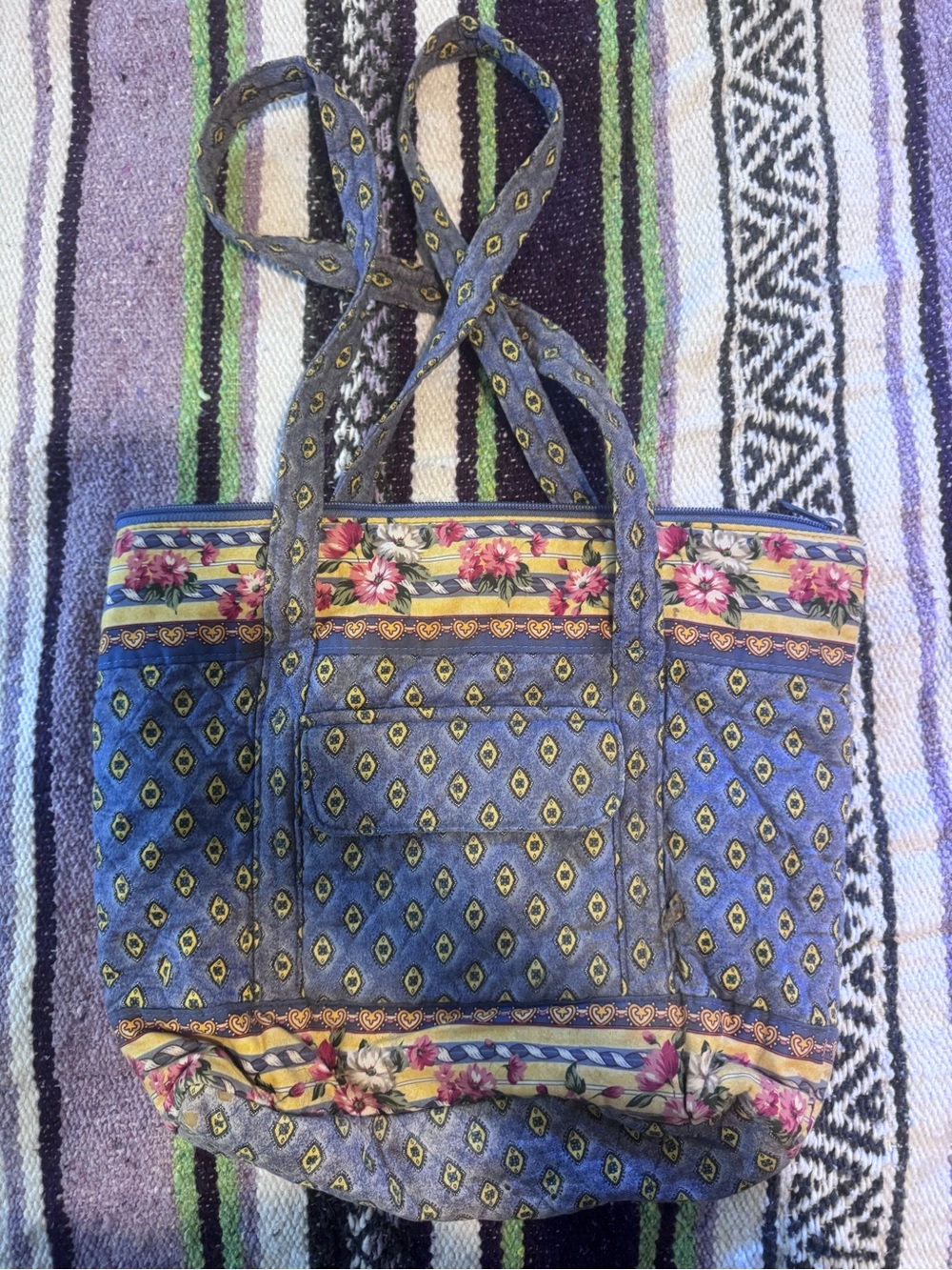 Floral Stripe Denim Tote Bag - Blue